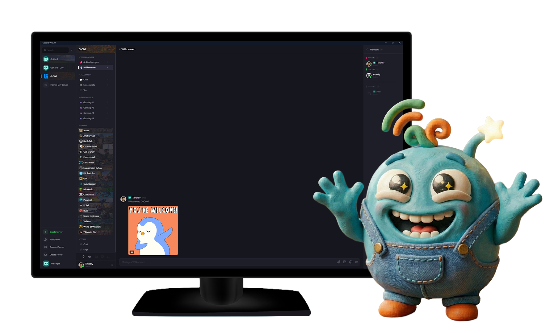 GoCord desktop application interface showing voice chat, text channels, server list, and community features