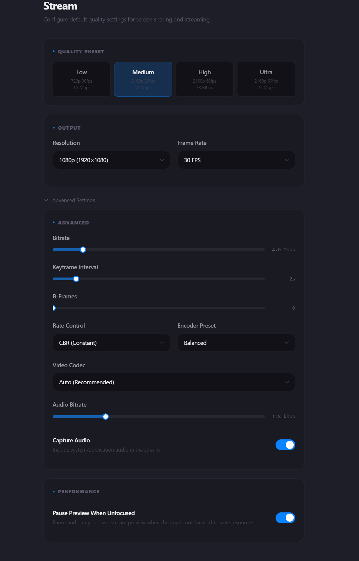 GoCord stream quality settings with AV1 codec, resolution, and frame rate controls